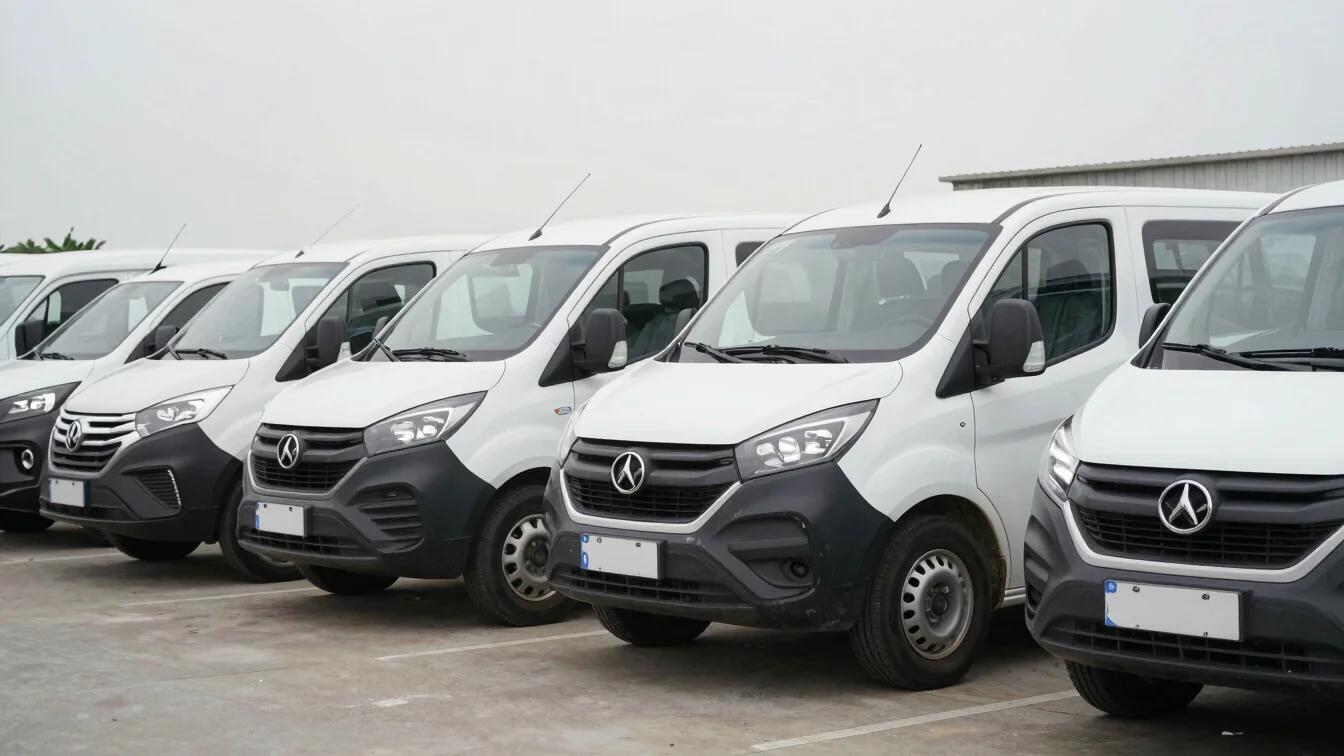 Natural daylight shot of several used commercial vehicles parked in a row, soft overcast light, neutral color, 35mm