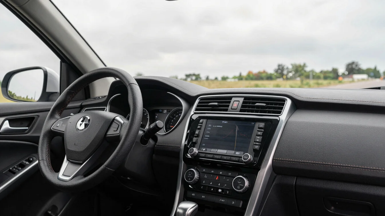 Close natural-light view of a used vehicle dashboard and instrument panel, true-to-life color, soft daylight, 35mm