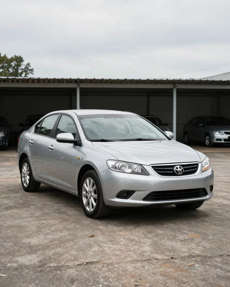 Natural-light automotive photography of a used sedan parked in an outdoor storage yard under soft overcast daylight, thr