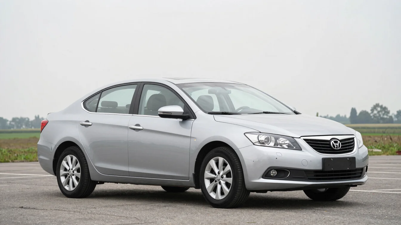 Natural daylight three-quarter view of a used sedan on an overcast lot, neutral color, crisp detail, 35mm